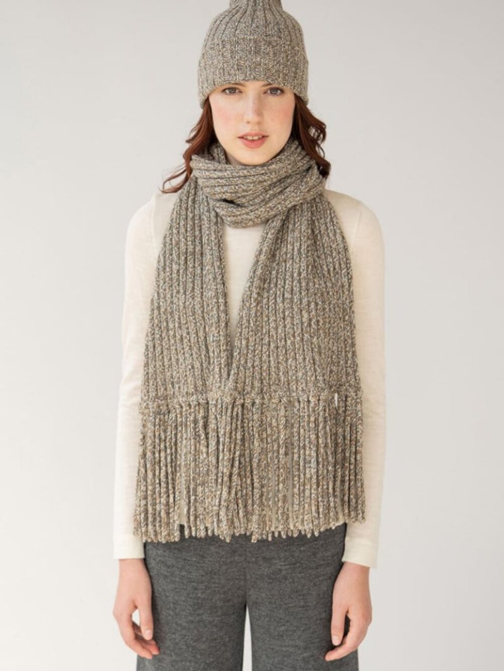 Ribbed Baby Alpaca Fringe Scarf - Ivory Marl